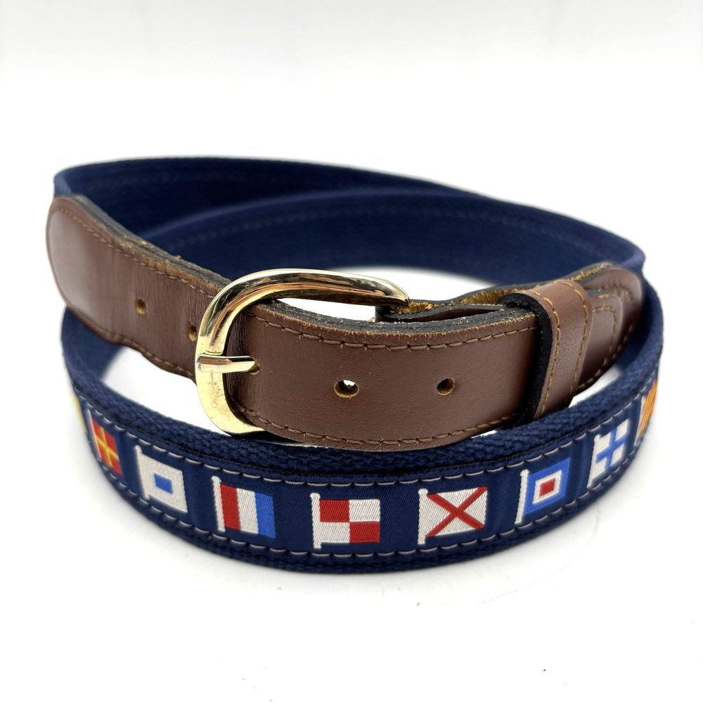 Vintage ZEP-PRO Nautical Sailing Flags Navy Woven Cotton Brass Buckle Belt 42